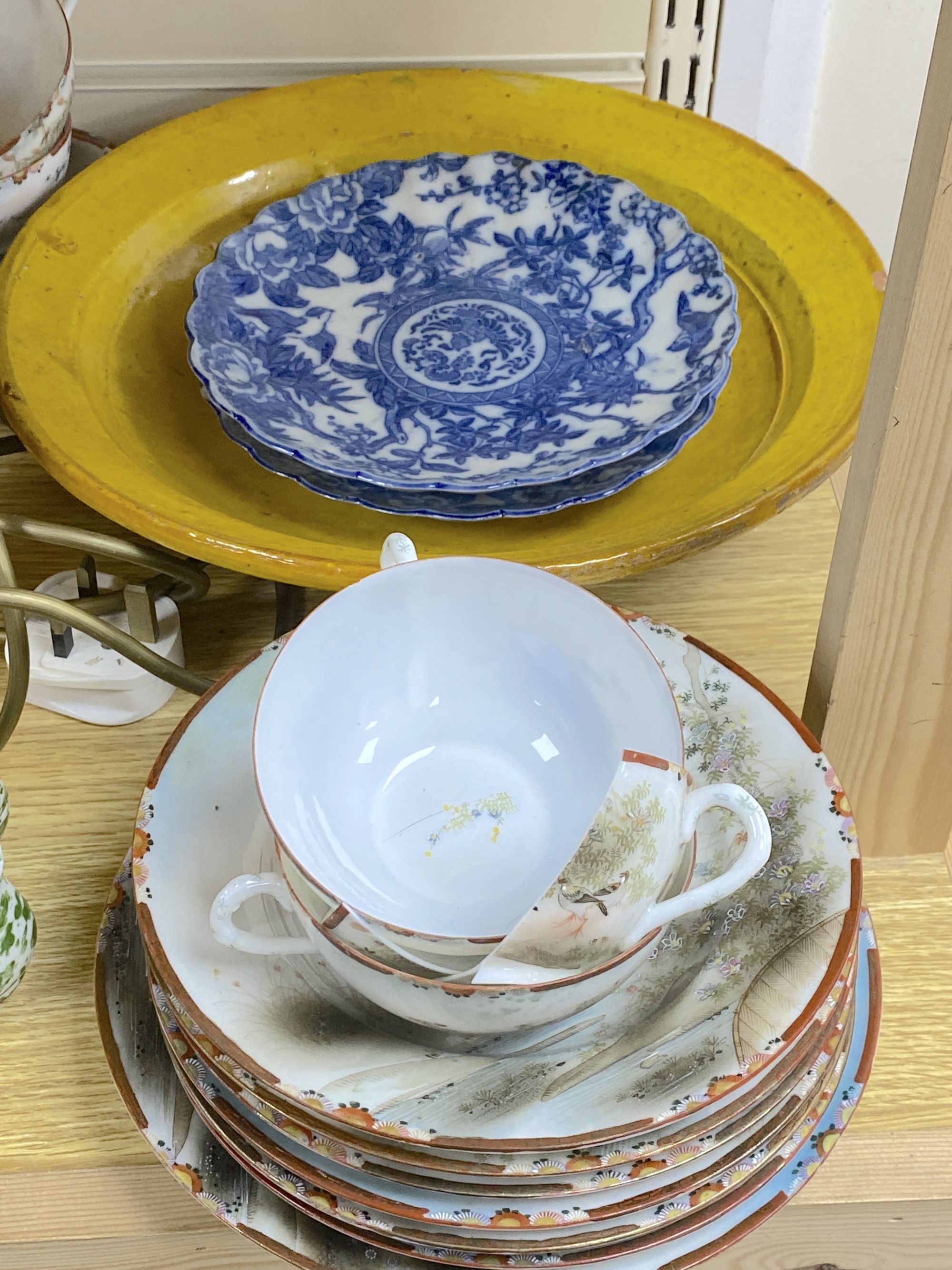 A Chinese famille rose lamp, a German gilt coffee set and sundries